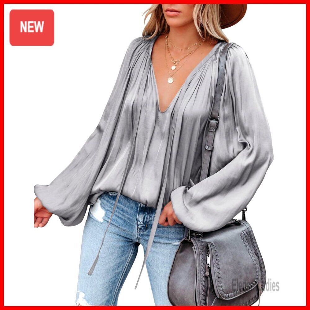 Deep V Neck Lantern Sleeve Chiffon Blouse Oversized Tunic Drawstring